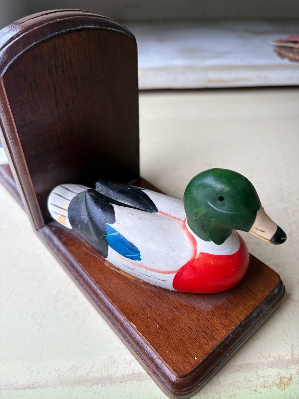 Vintage Hand-Painted Wooden Mallard Duck Bookends - Green Head, Red Chest